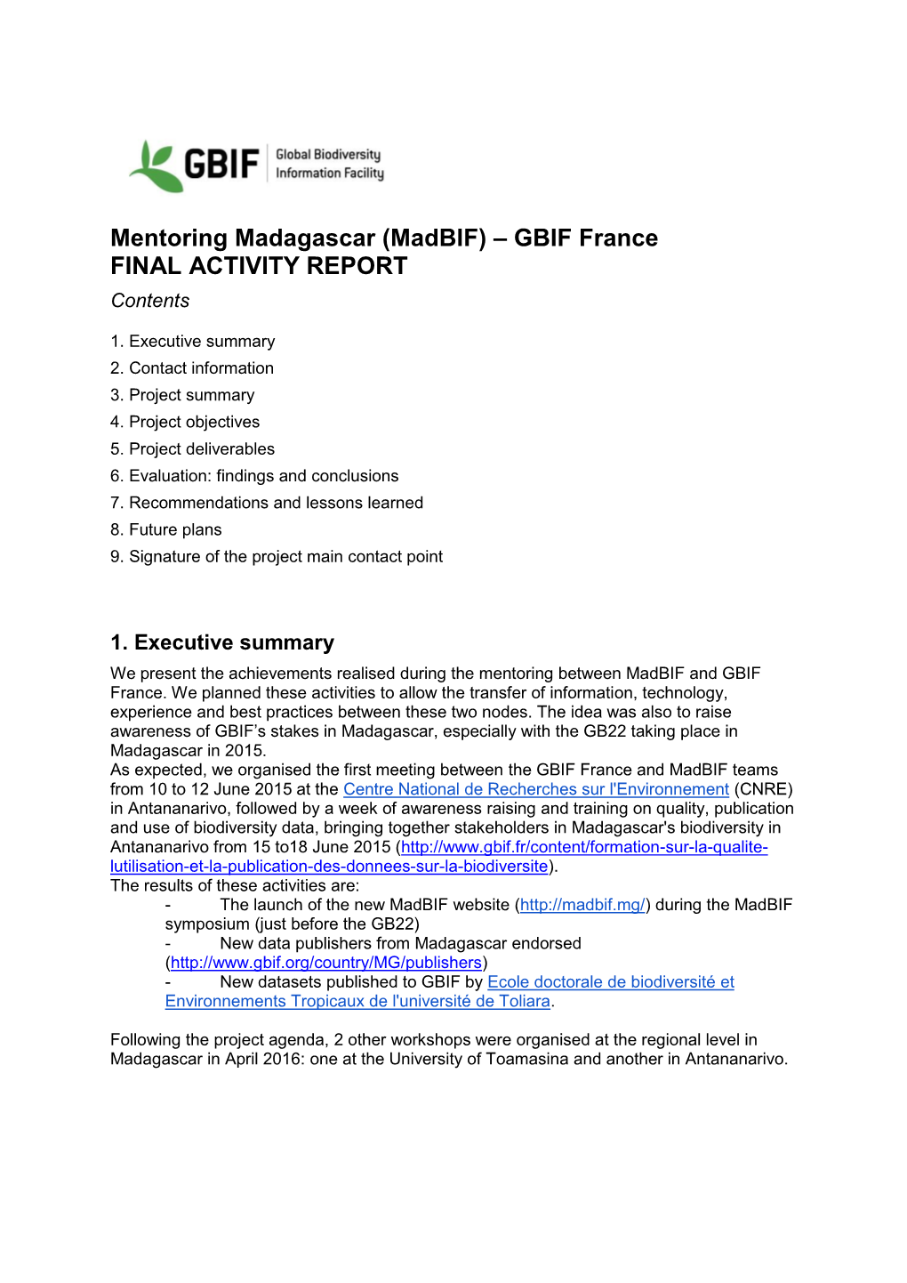 Mentoring Madagascar (Madbif) – GBIF France FINAL ACTIVITY REPORT Contents