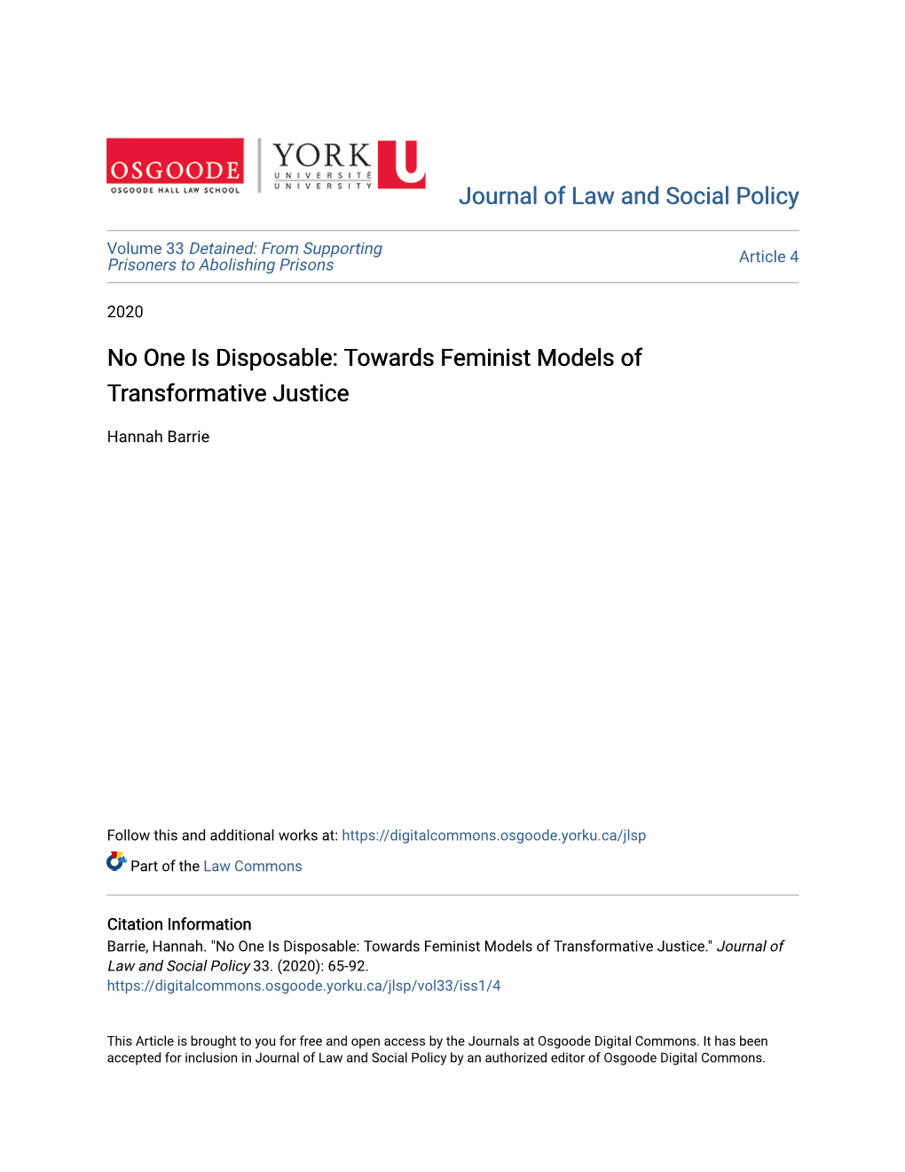 Towards Feminist Models of Transformative Justice
