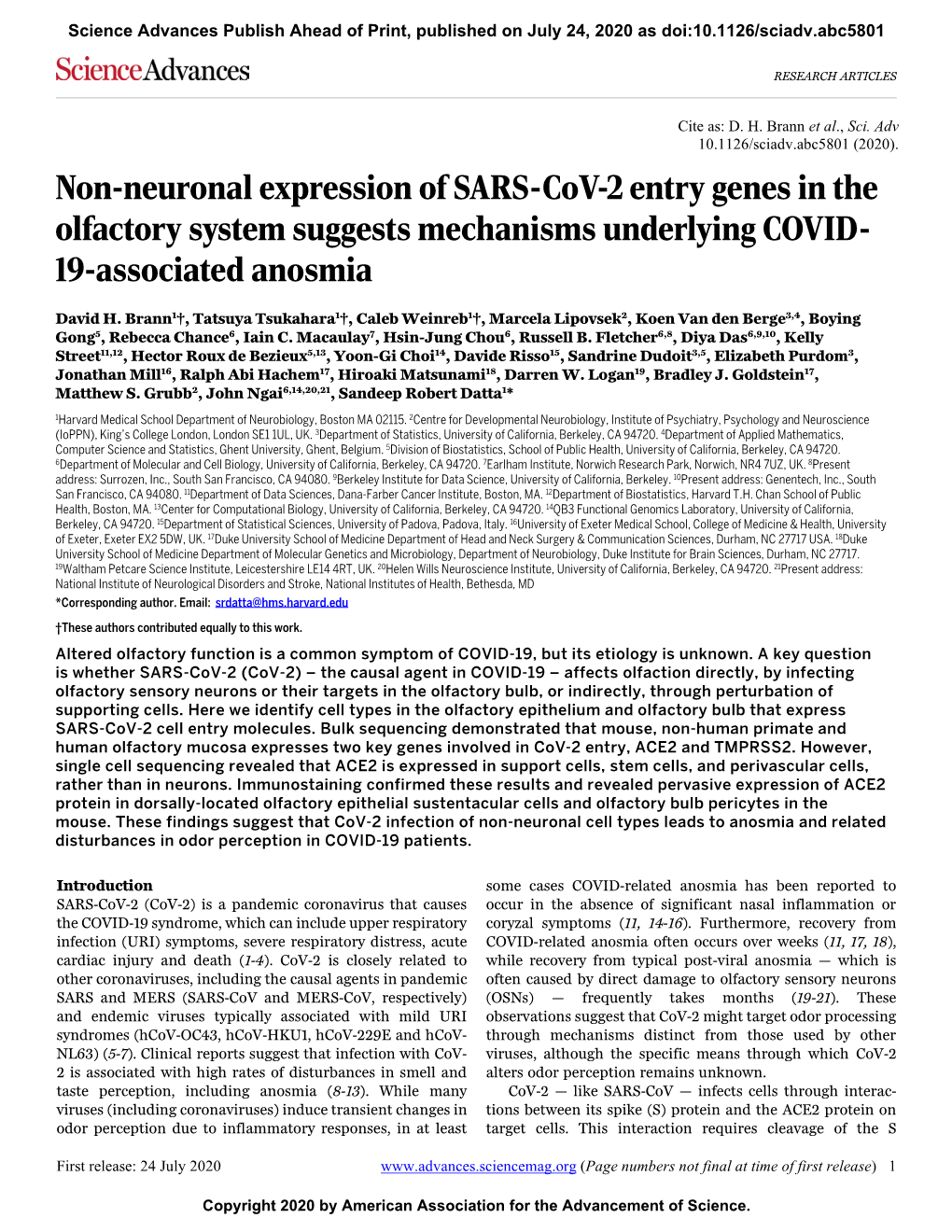 Non-Neuronal Expression of SARS-Cov-2 Entry Genes in the Olfactory System Suggests Mechanisms Underlying COVID- 19-Associated Anosmia