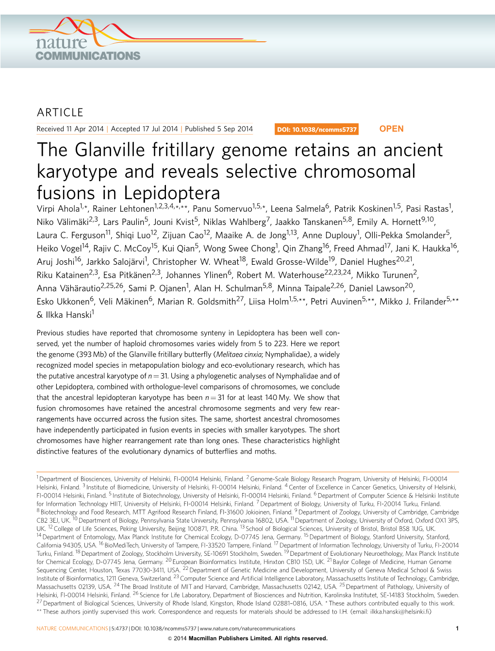 The Glanville Fritillary Genome Retains an Ancient Karyotype and Reveals
