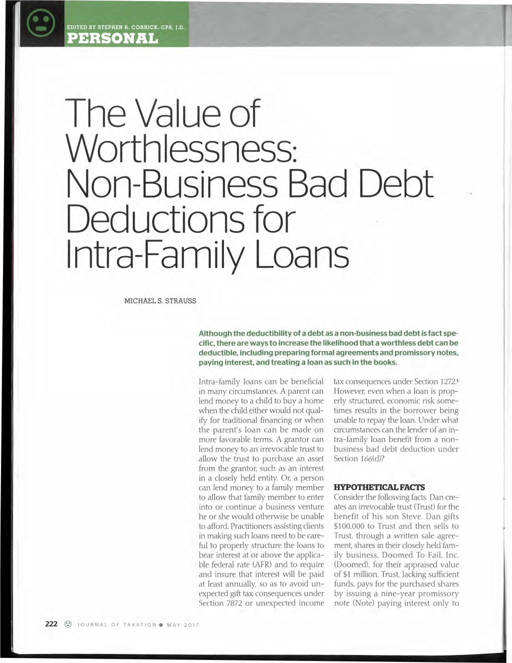 The Value of Worthlessness: Non-Business Bad Debt Deductions for Intra-Family Loans