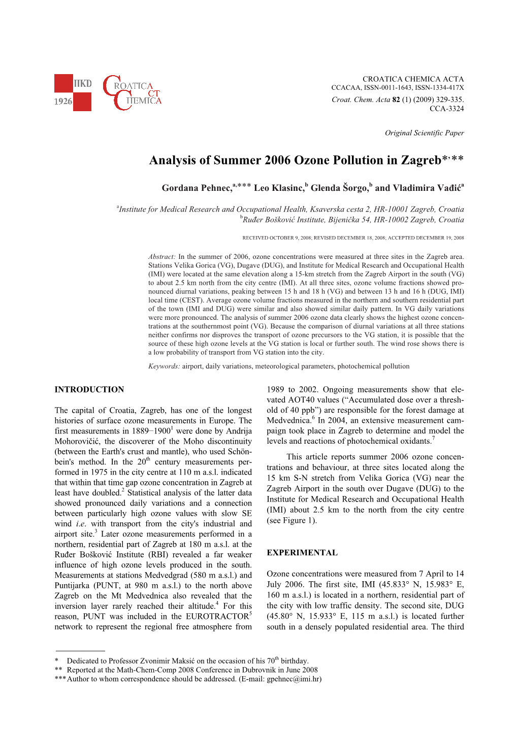 Analysis of Summer 2006 Ozone Pollution in Zagreb*,**