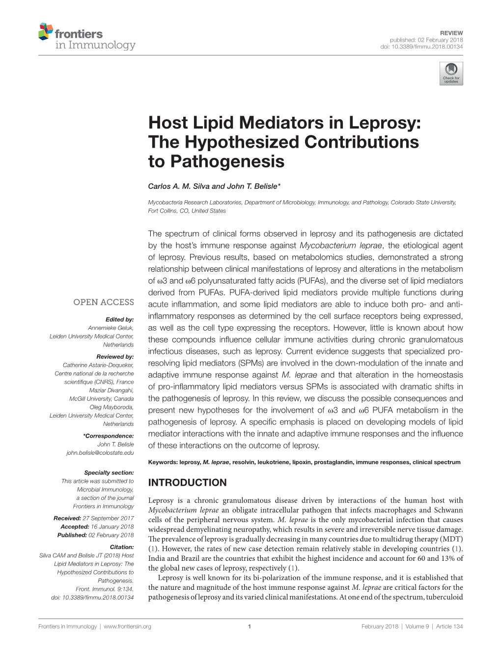 Host Lipid Mediators in Leprosy: the Hypothesized Contributions to Pathogenesis