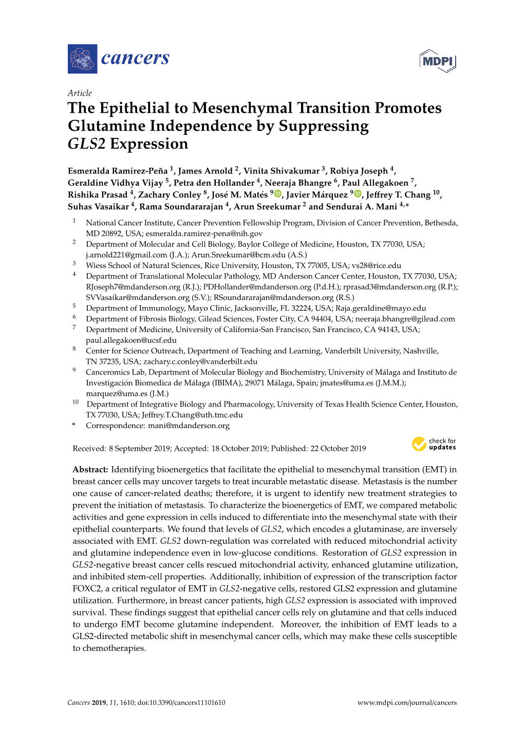 The Epithelial to Mesenchymal Transition Promotes Glutamine Independence by Suppressing GLS2 Expression