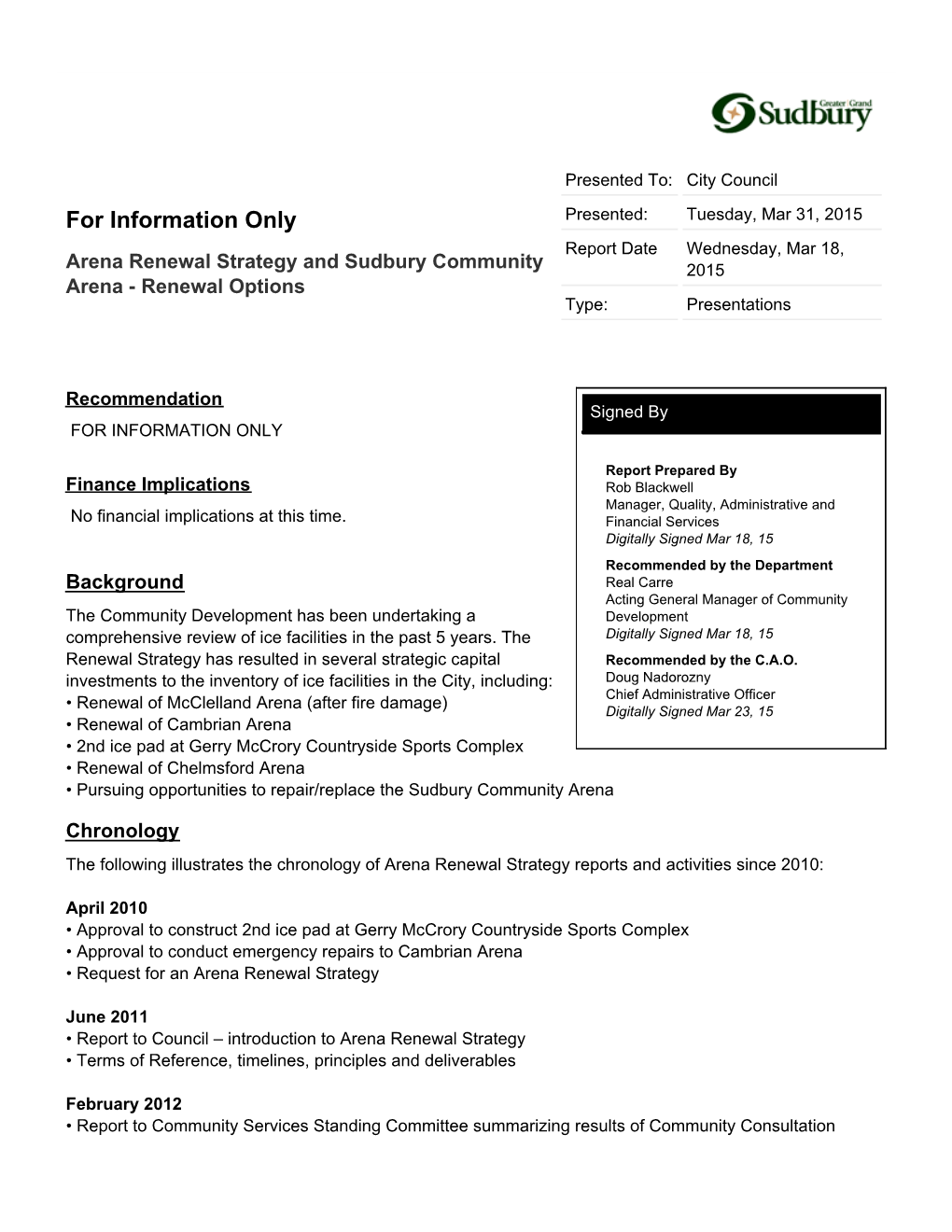 Arena Renewal Strategy and Sudbury Community Arena