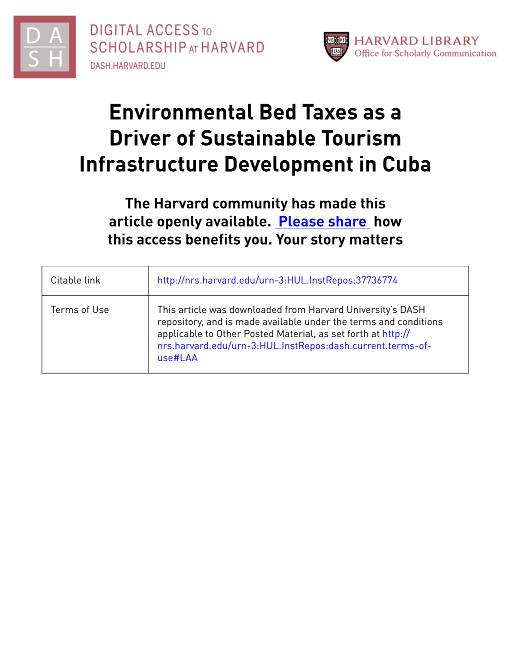 Environmental Bed Taxes As a Driver of Sustainable Tourism Infrastructure Development in Cuba