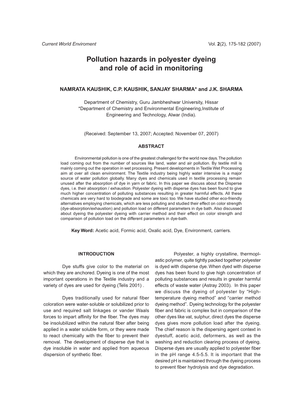 Pollution Hazards in Polyester Dyeing and Role of Acid in Monitoring