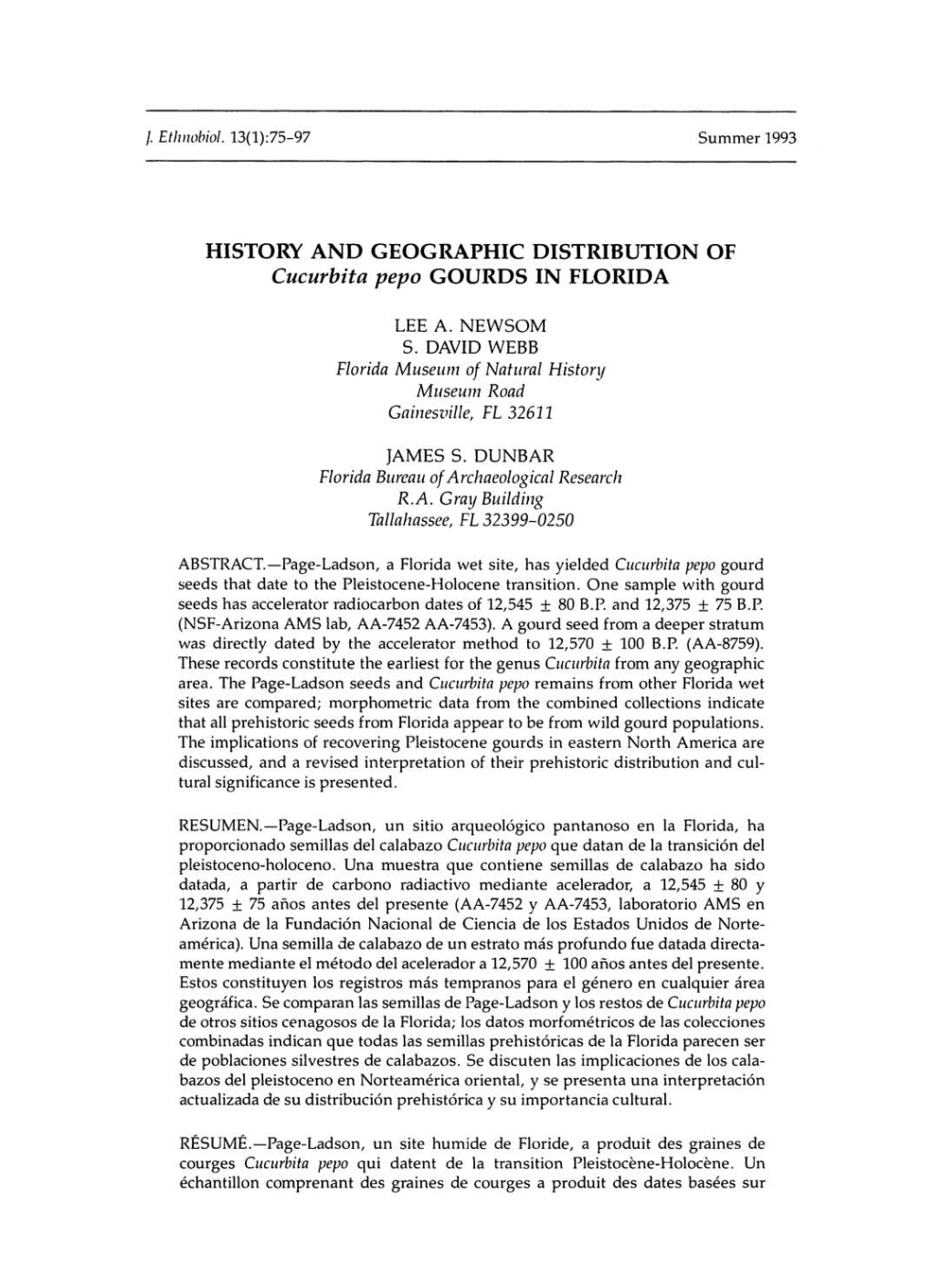 HISTORY and GEOGRAPHIC DISTRIBUTION of Cucurbita Pepo GOURDS in FLORIDA