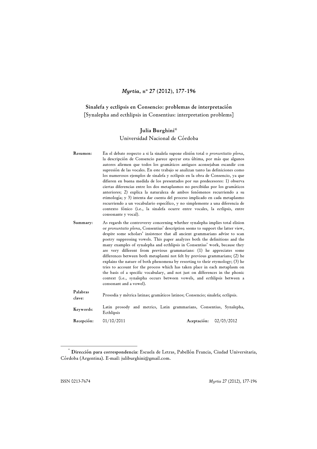 Myrtia, Nº 27 (2012), 177-196 Sinalefa Y Ectlipsis En Consencio