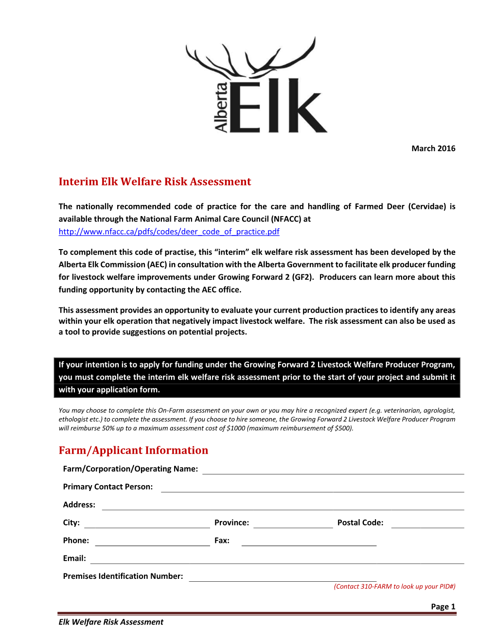 Interim Elk Welfare Risk Assessment Farm/Applicant Information