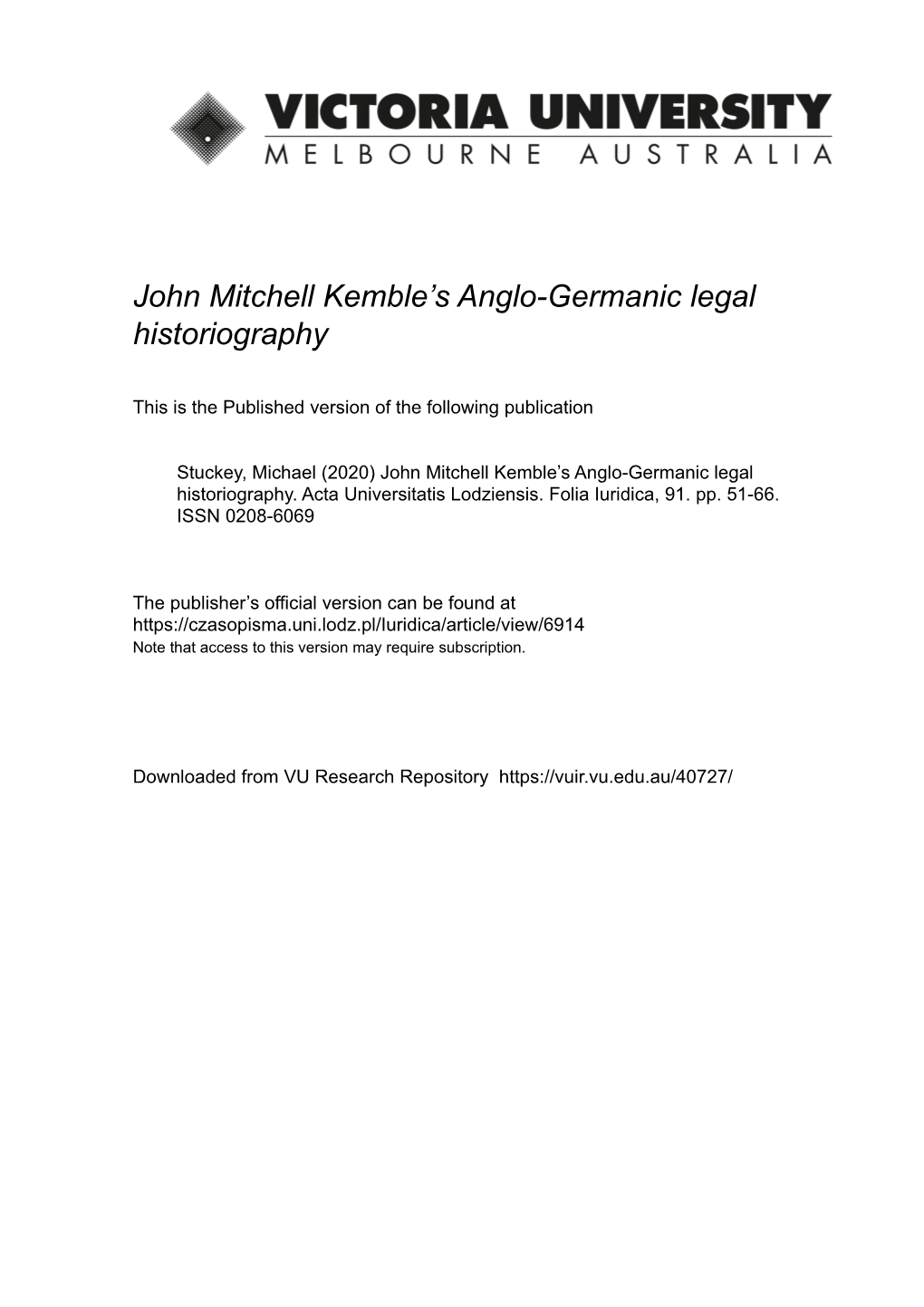 John Mitchell Kemble's Anglo-Germanic Legal Historiography