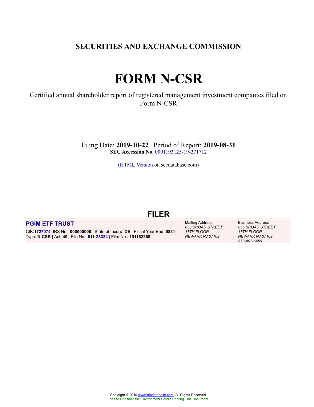 PGIM ETF TRUST Form N-CSR Filed 2019-10-22
