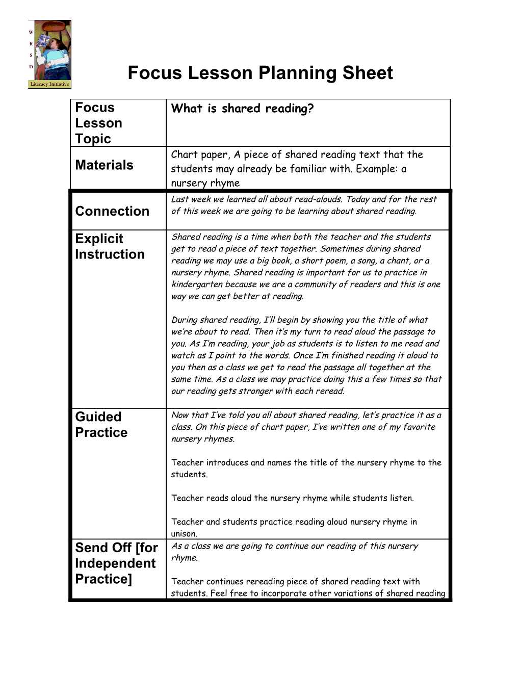 Focus Lesson Planning Sheet