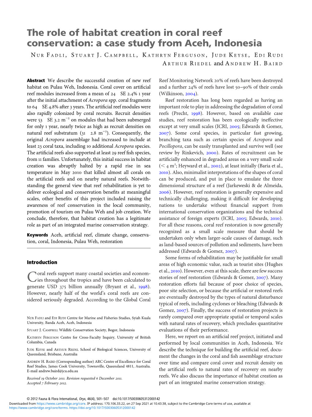 The Role of Habitat Creation in Coral Reef Conservation: a Case Study from Aceh, Indonesia