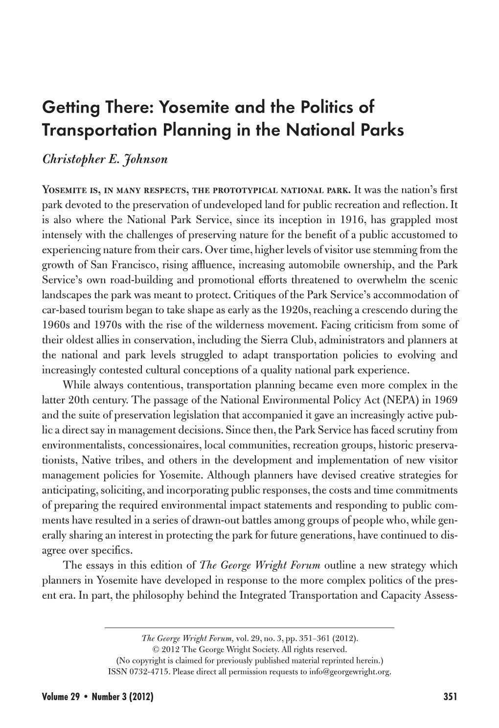 Yosemite and the Politics of Transportation Planning in the National Parks