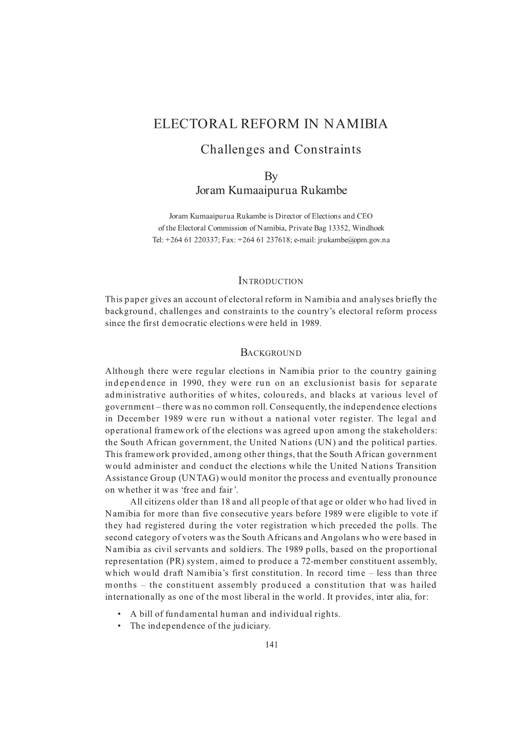 ELECTORAL REFORM in NAMIBIA Challenges and Constraints