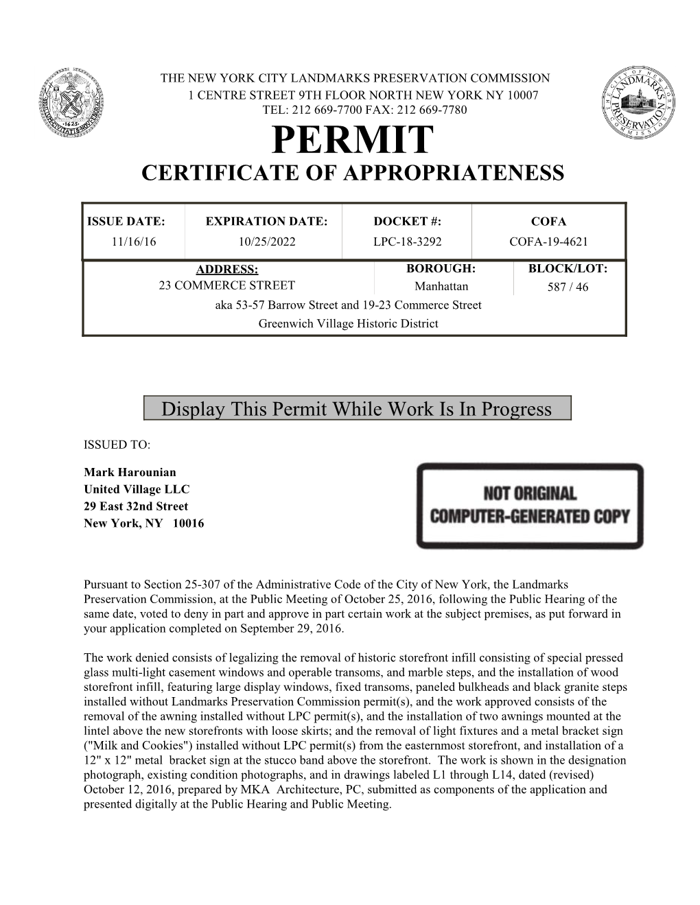 Permit Certificate of Appropriateness