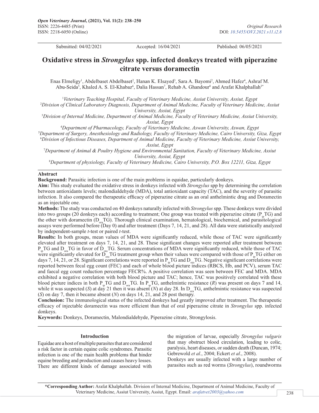 Oxidative Stress in Strongylus Spp. Infected Donkeys Treated with Piperazine Citrate Versus Doramectin