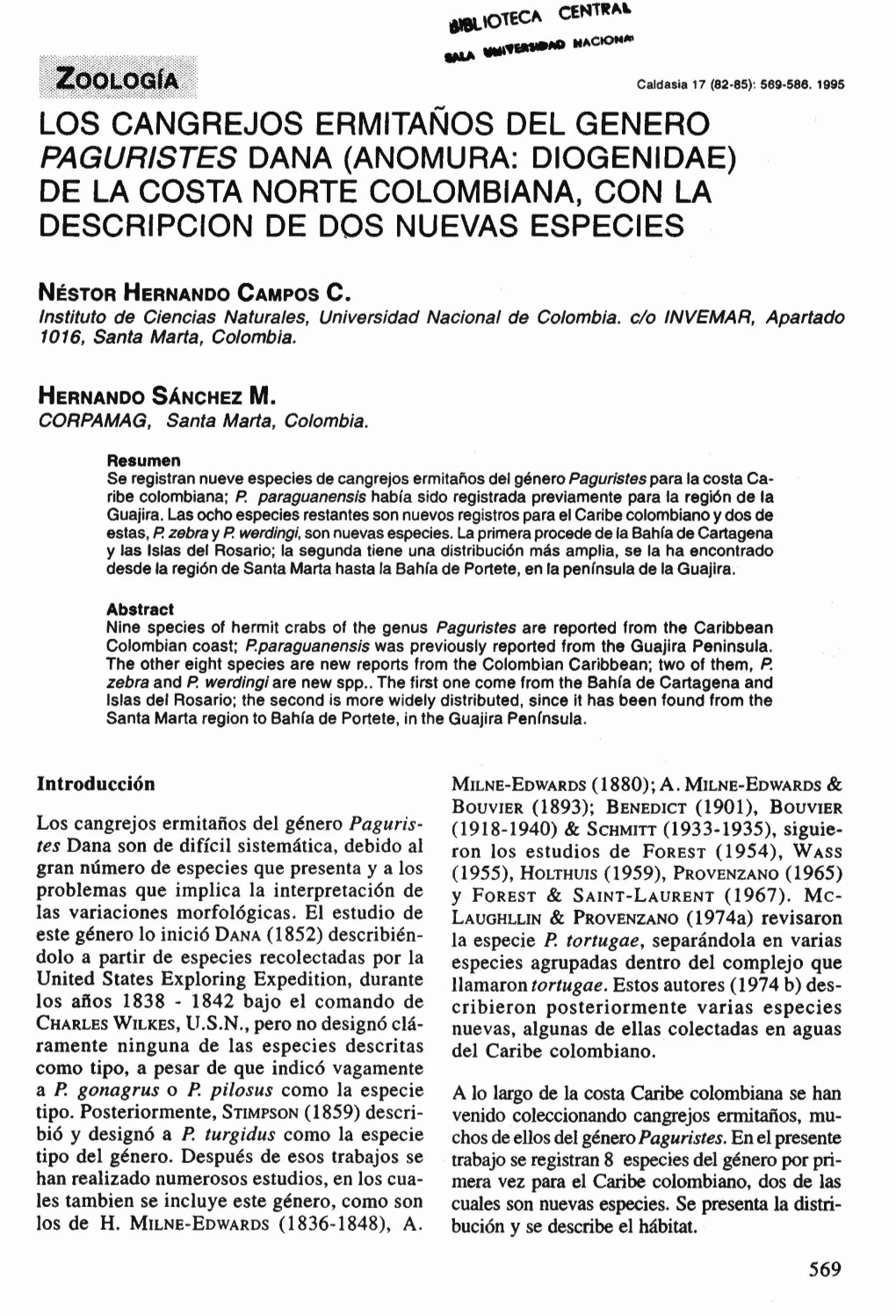 Los Cangrejos Ermitaños Del Genero Paguristes Dana (Anomura: Diogenidae) De La Costa Norte Colombiana, Con La Descripcion De Dos Nuevas Especies