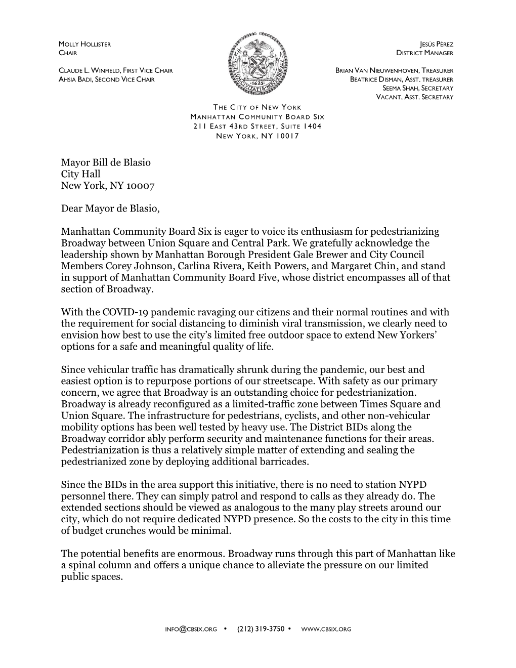 Letter to Mayor Bill De Blasio Sent in April