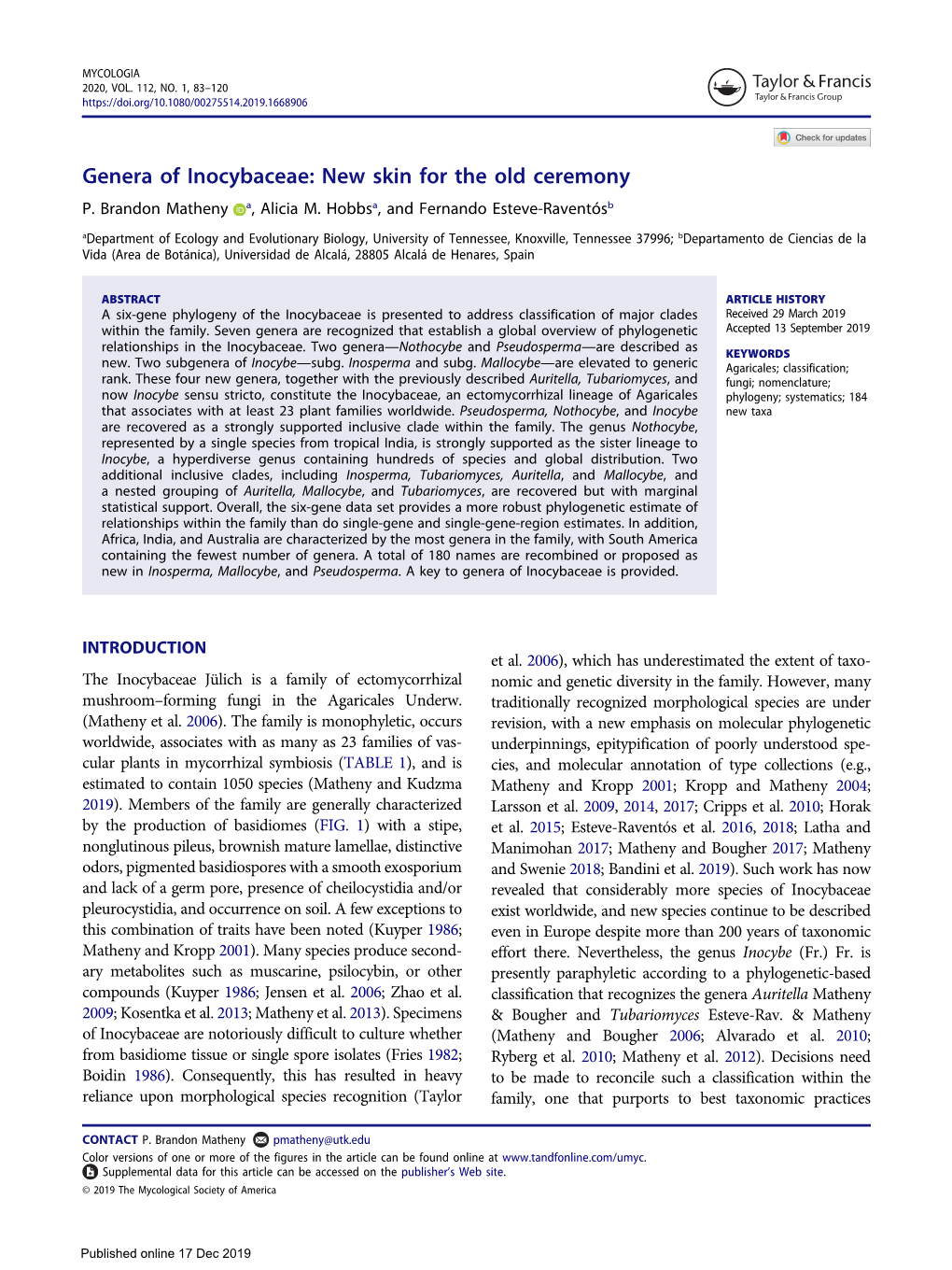 Genera of Inocybaceae: New Skin for the Old Ceremony