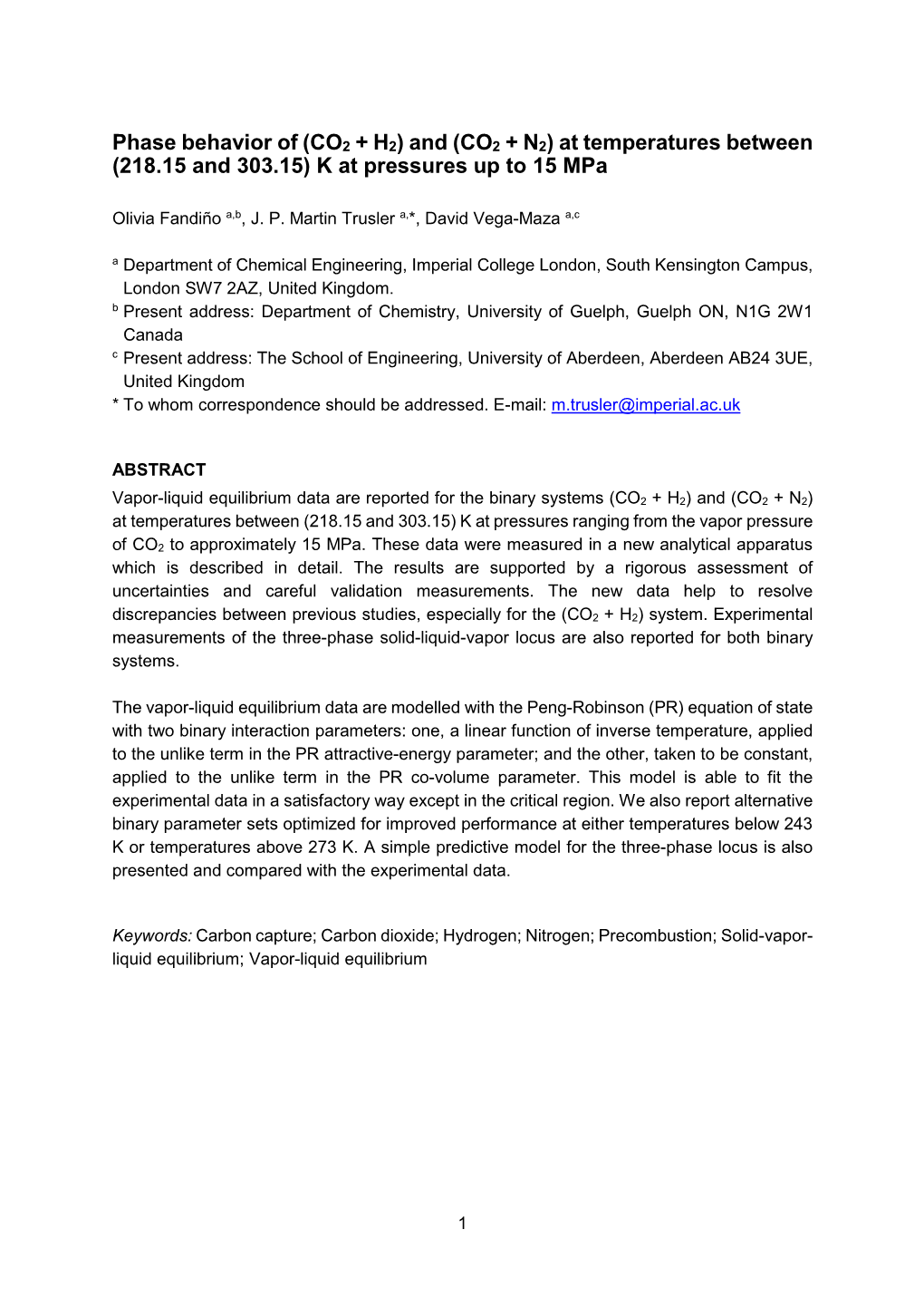 Phase Behavior of (CO2 + H2) and (CO2 + N2) at Temperatures Between (218.15 and 303.15) K at Pressures up to 15 Mpa