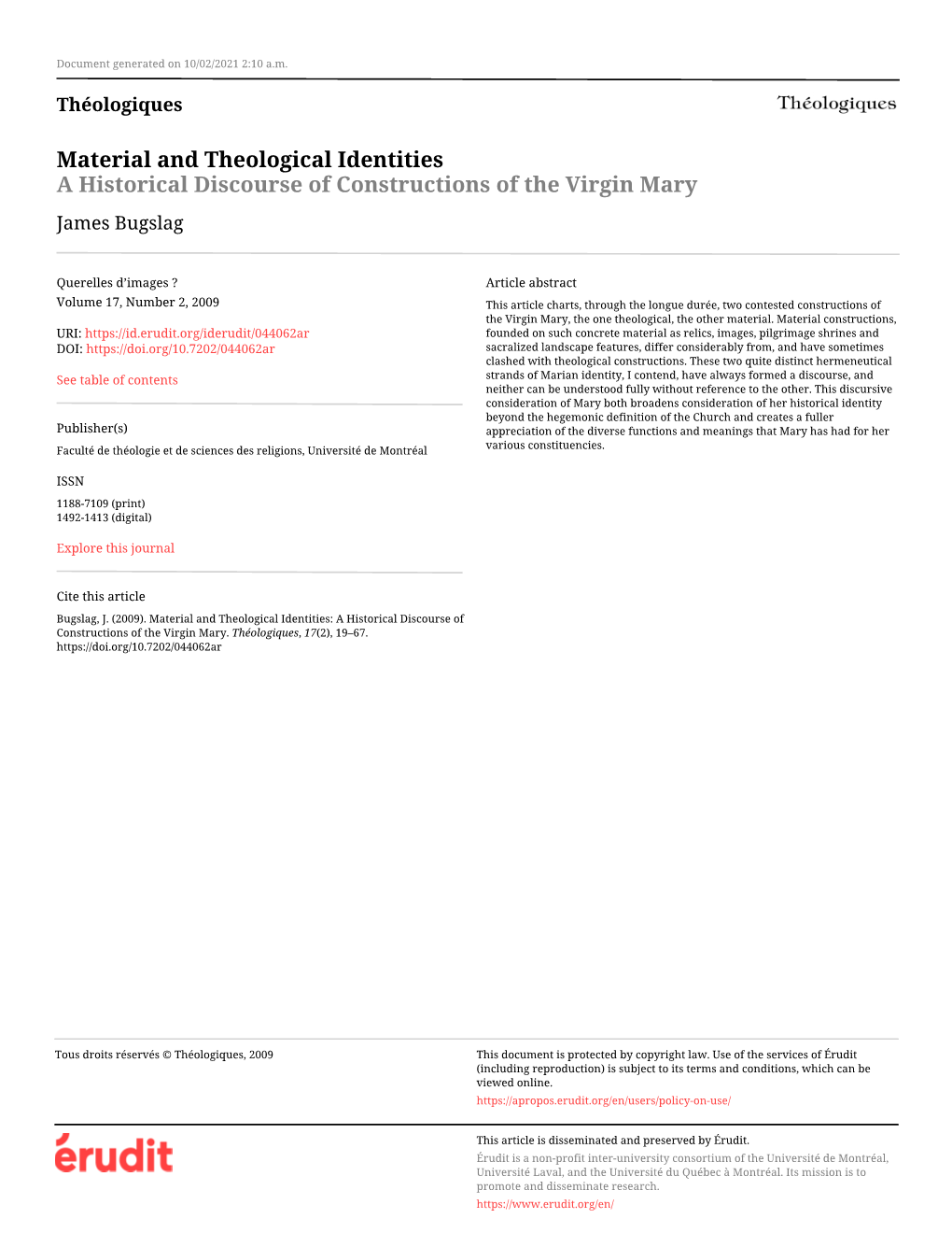 Material and Theological Identities: a Historical Discourse of Constructions of the Virgin Mary
