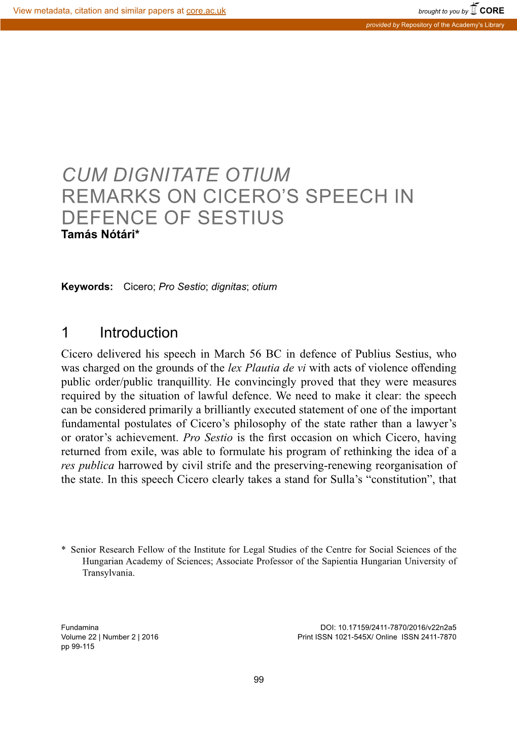 1Cum Dignitate Otium Remarks on Cicero's Speech In