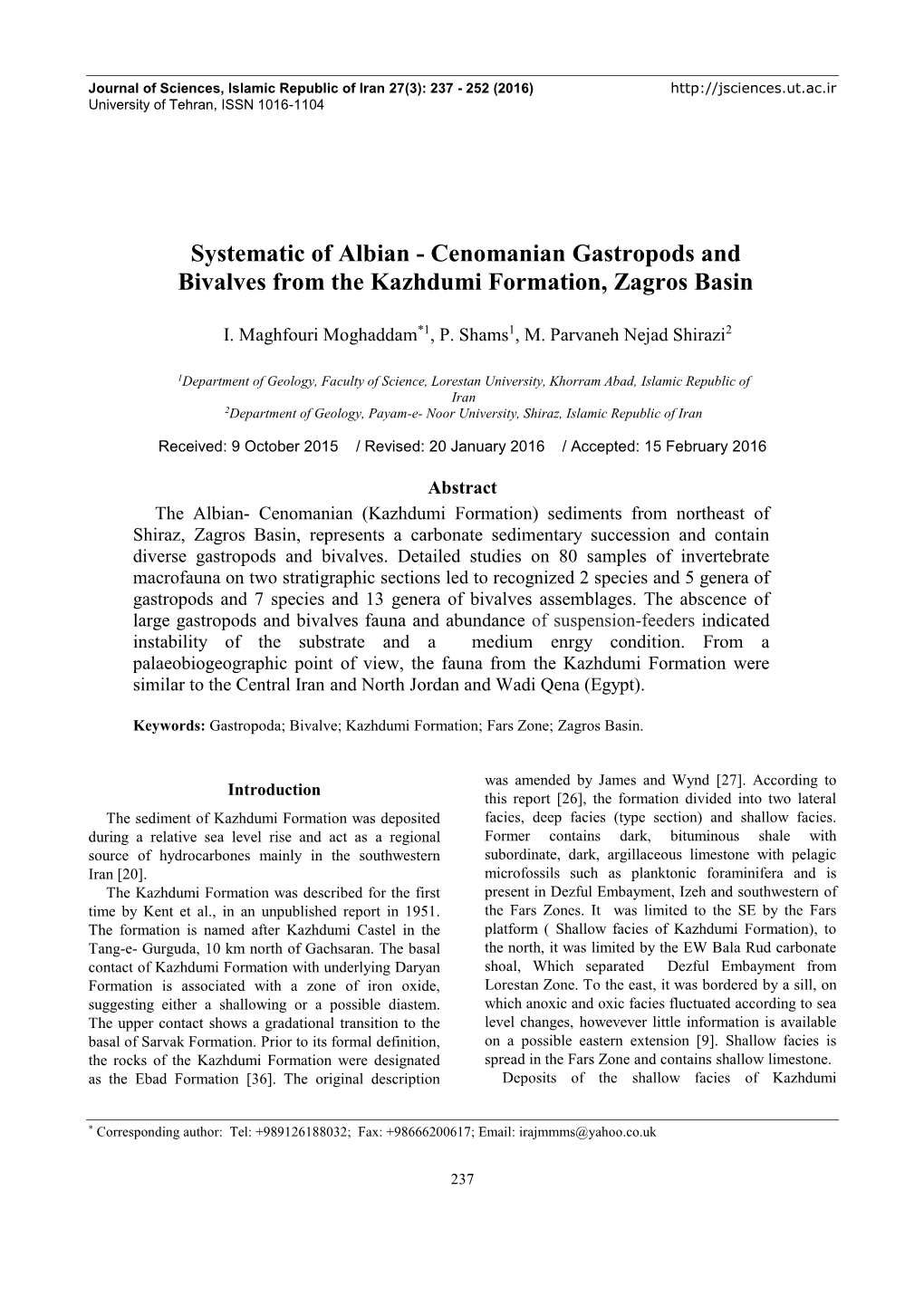 Systematic of Albian - Cenomanian Gastropods and Bivalves from the Kazhdumi Formation, Zagros Basin