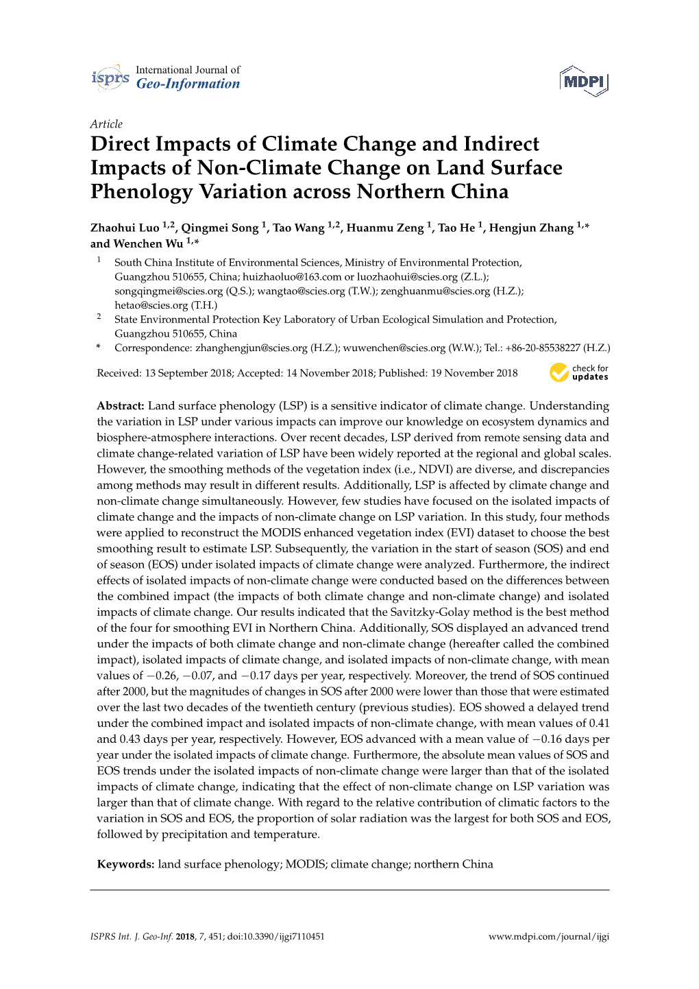 Direct Impacts of Climate Change and Indirect Impacts of Non-Climate Change on Land Surface Phenology Variation Across Northern China