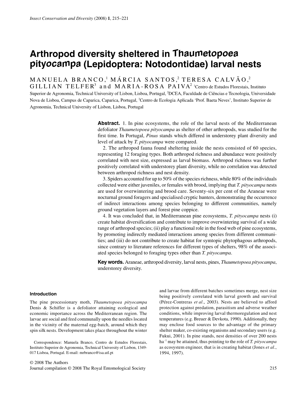 Arthropod Diversity Sheltered in Thaumetopoea Pityocampa