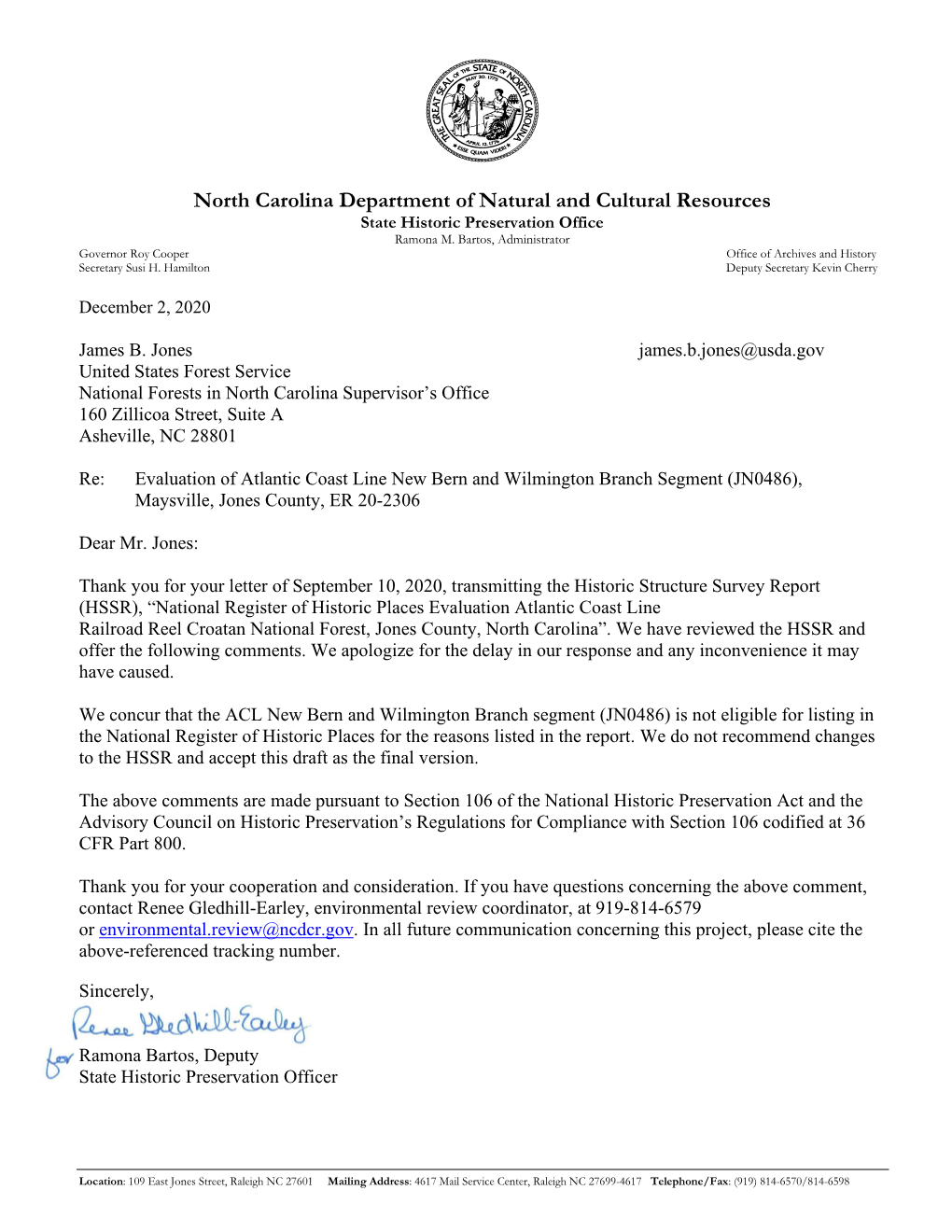 National Register of Historic Places Evaluation Atlantic Coast Line Railroad Reel Croatan National Forest, Jones County, North Carolina”