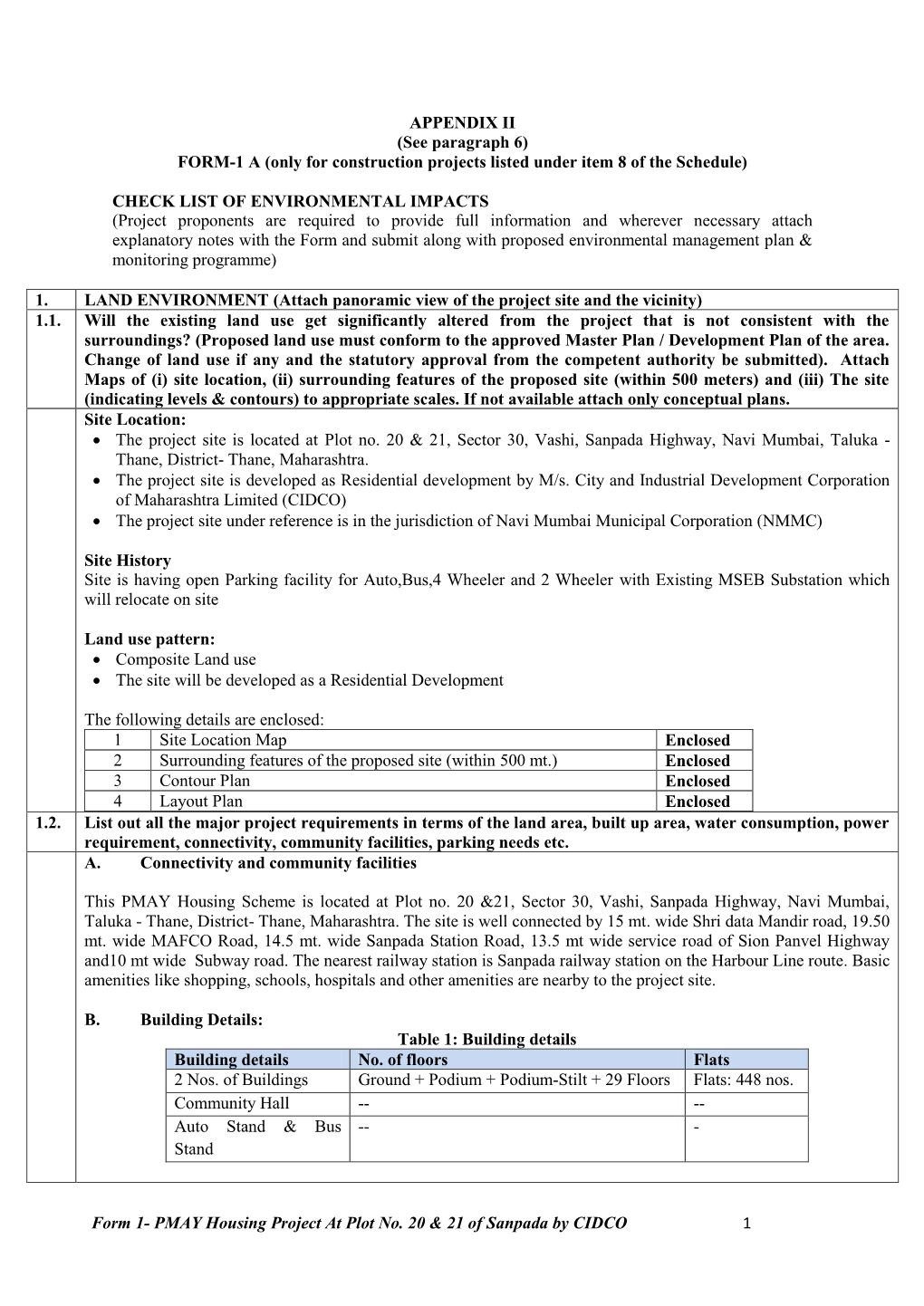 Form 1- PMAY Housing Project at Plot No. 20 & 21 of Sanpada by CIDCO 1 C