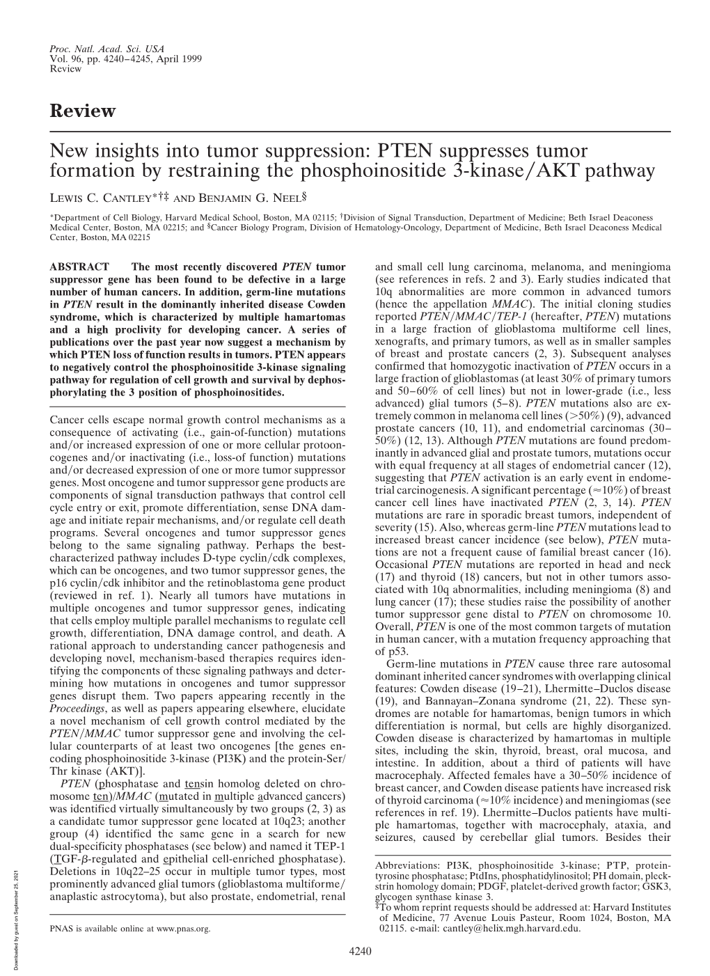 PTEN Suppresses Tumor Formation by Restraining the Phosphoinositide 3-Kinase͞akt Pathway