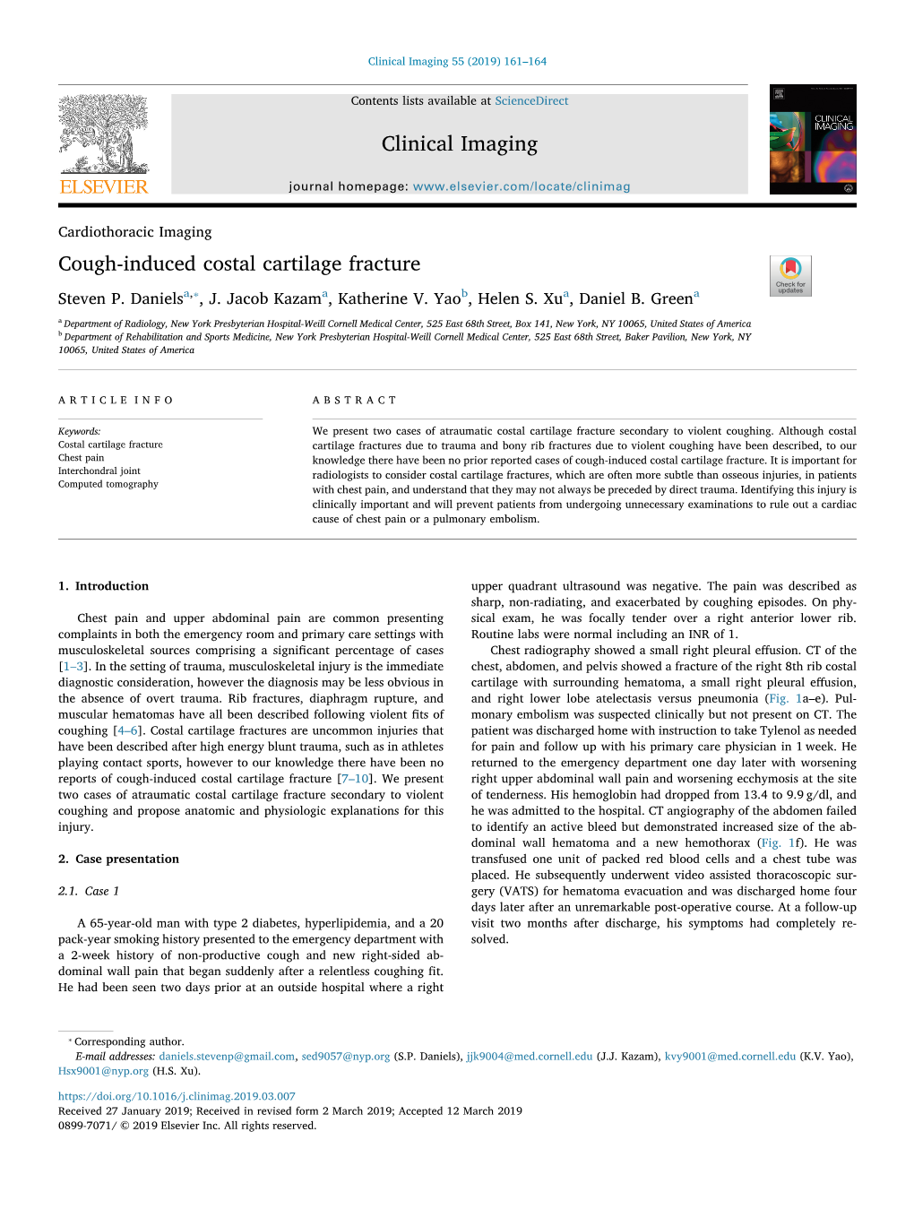 Cough-Induced Costal Cartilage Fracture T ⁎ Steven P