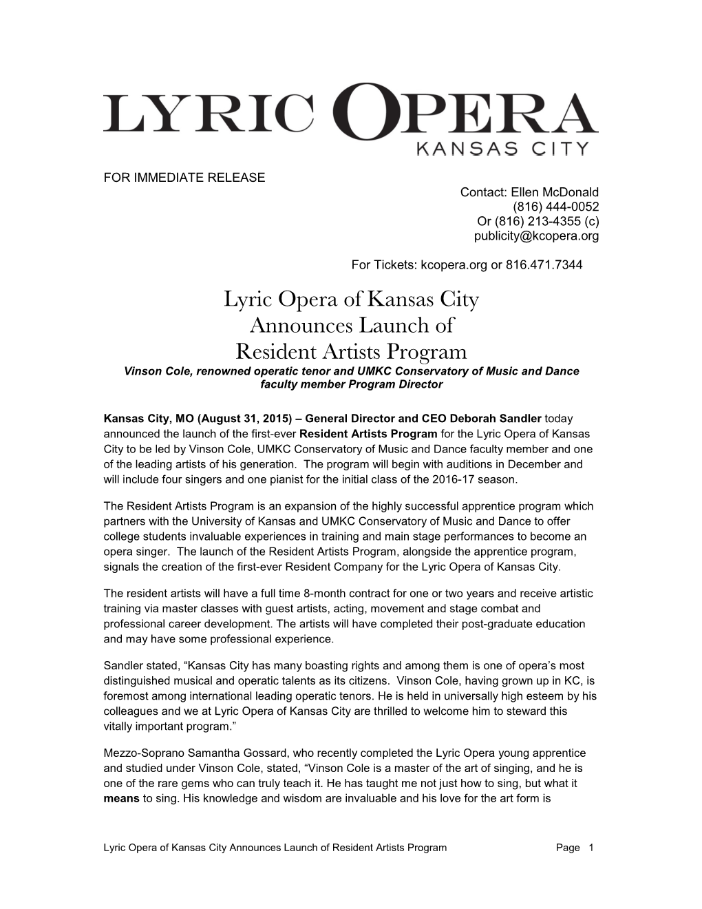 Lyric Opera of Kansas City Announces Launch of Resident Artists Program