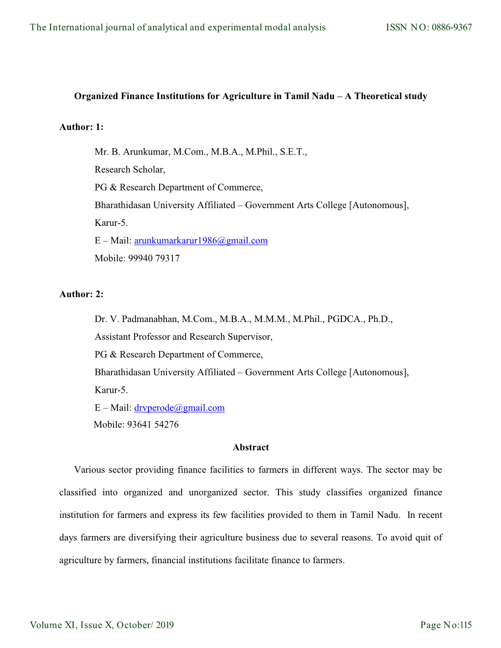 Organized Finance Institutions for Agriculture in Tamil Nadu – a Theoretical Study