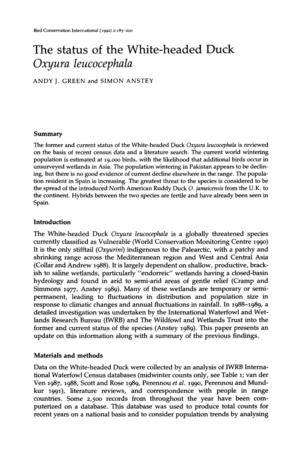 The Status of the White-Headed Duck Oxyura Leucocephala