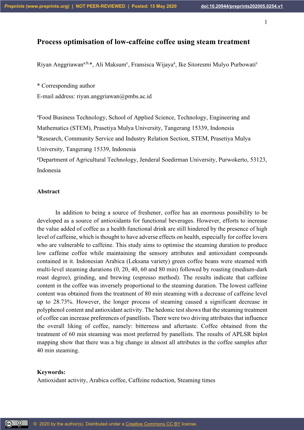 Process Optimisation of Low-Caffeine Coffee Using Steam Treatment