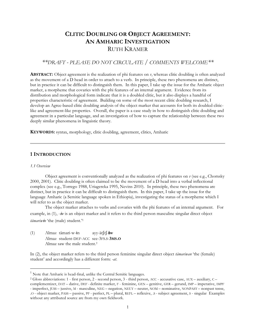 Clitic Doubling Or Object Agreement: an Amharic Investigation Ruth Kramer