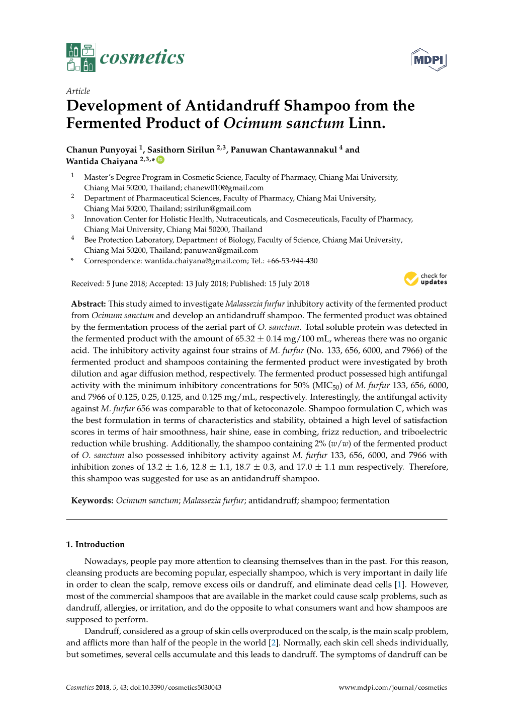 Development of Antidandruff Shampoo from the Fermented Product of Ocimum Sanctum Linn