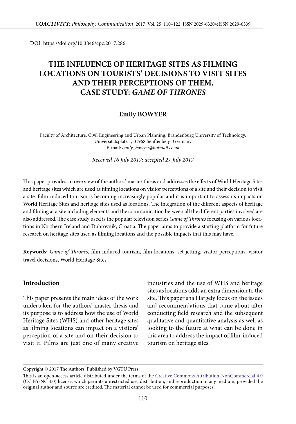 The Influence of Heritage Sites As Filming Locations on Tourists’ Decisions to Visit Sites and Their Perceptions of Them