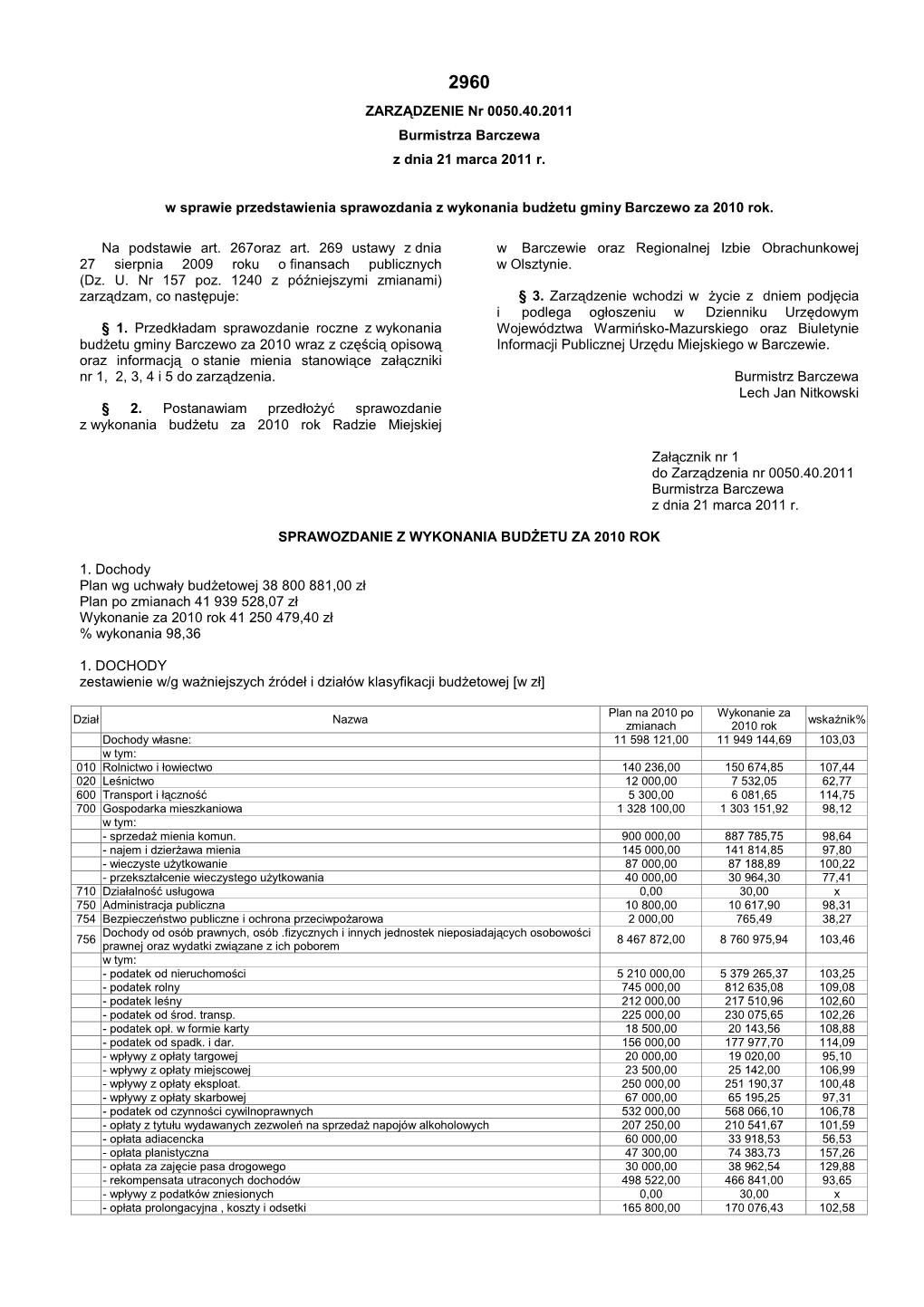 ZARZĄDZENIE Nr 0050.40.2011 Burmistrza Barczewa Z Dnia 21