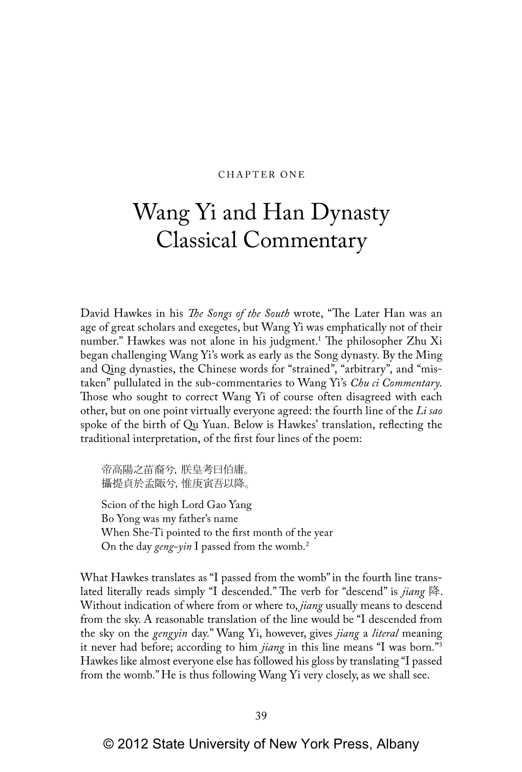 Wang Yi and Han Dynasty Classical Commentary