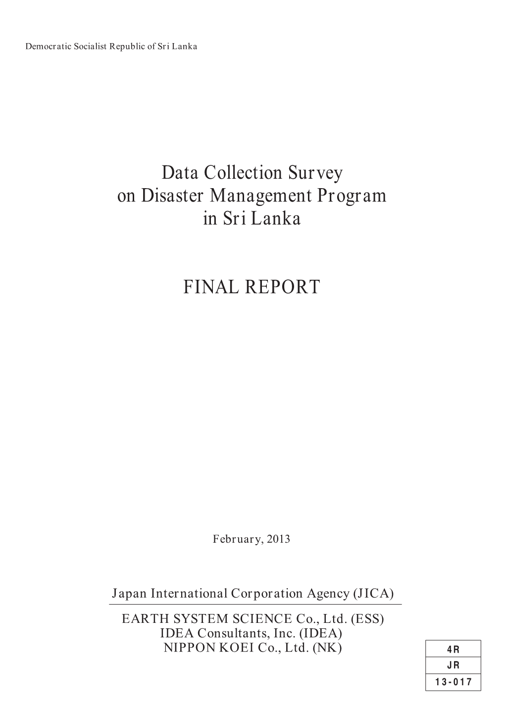 Data Collection Survey on Disaster Management Program in Sri Lanka FINAL REPORT