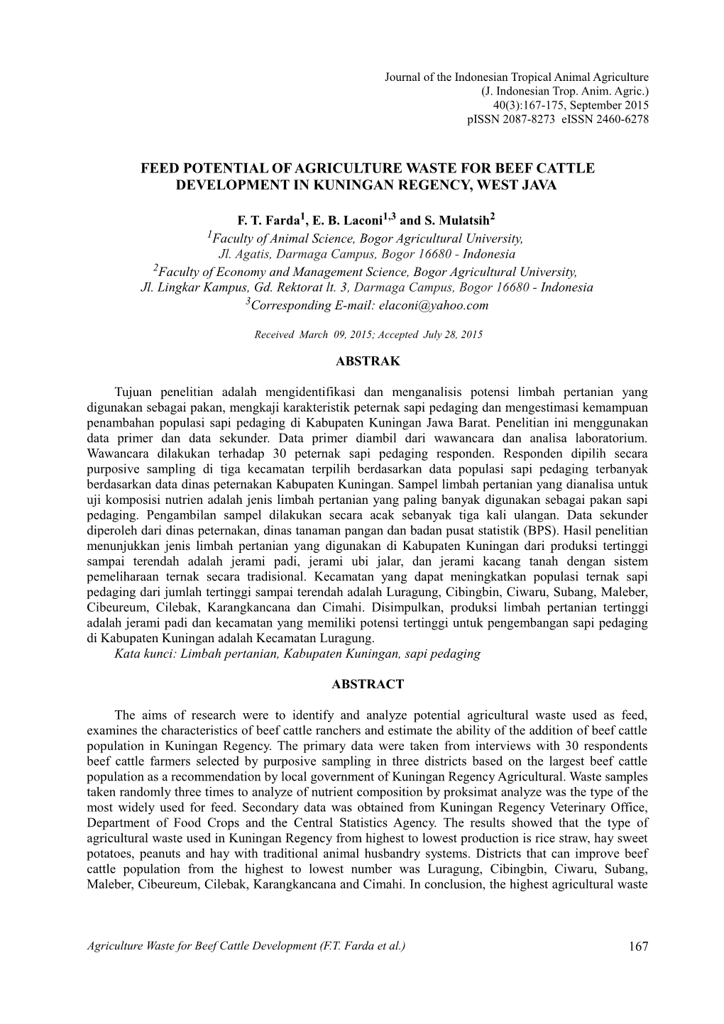 Feed Potential of Agriculture Waste for Beef Cattle Development in Kuningan Regency, West Java