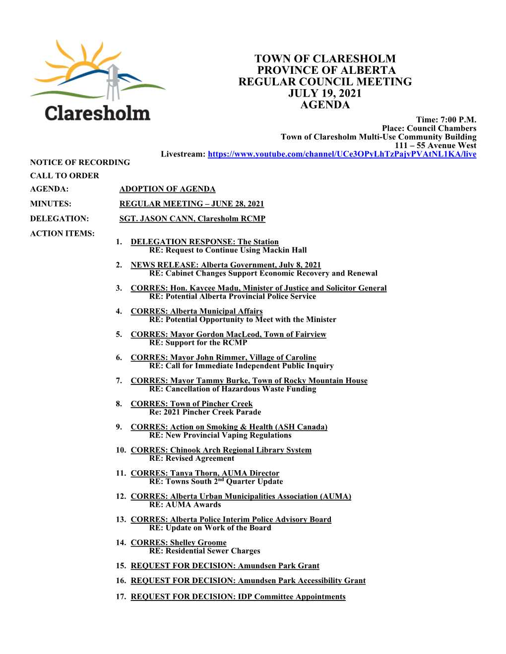 Town of Claresholm Province of Alberta Regular Council Meeting July 19, 2021 Agenda