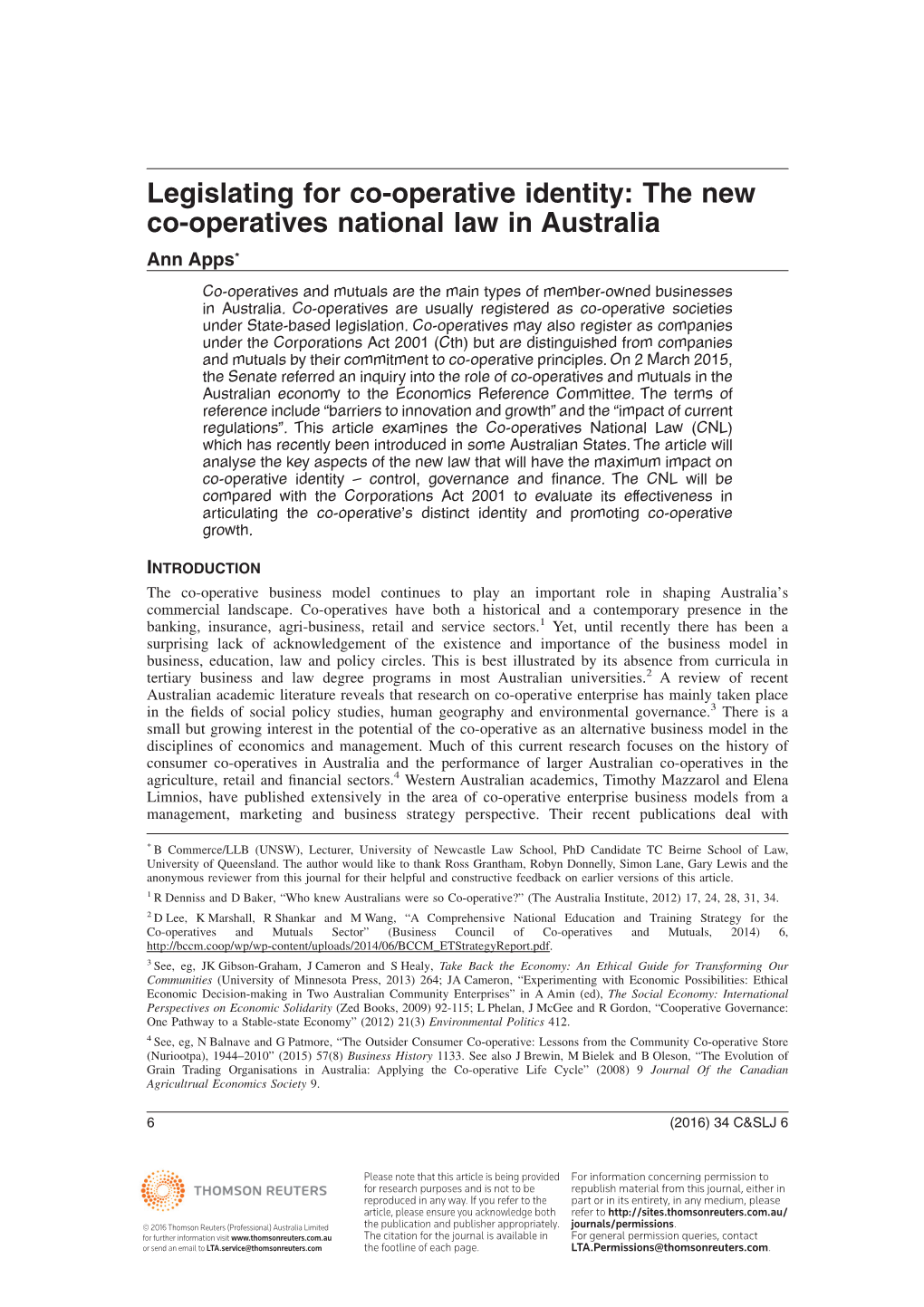 The New Co-Operatives National Law in Australia Ann Apps*