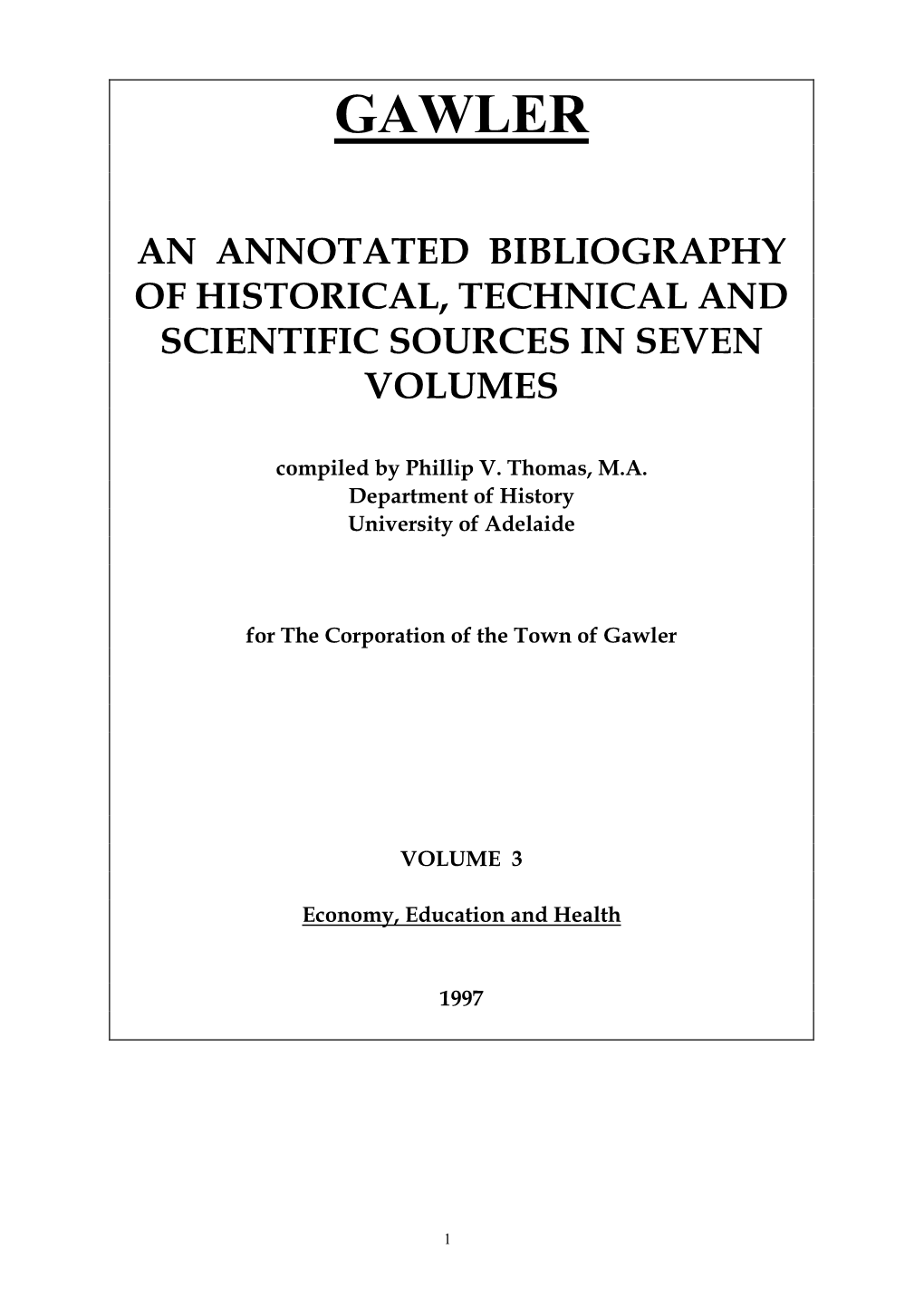 Gawler an Annotated Bibliography of Historical