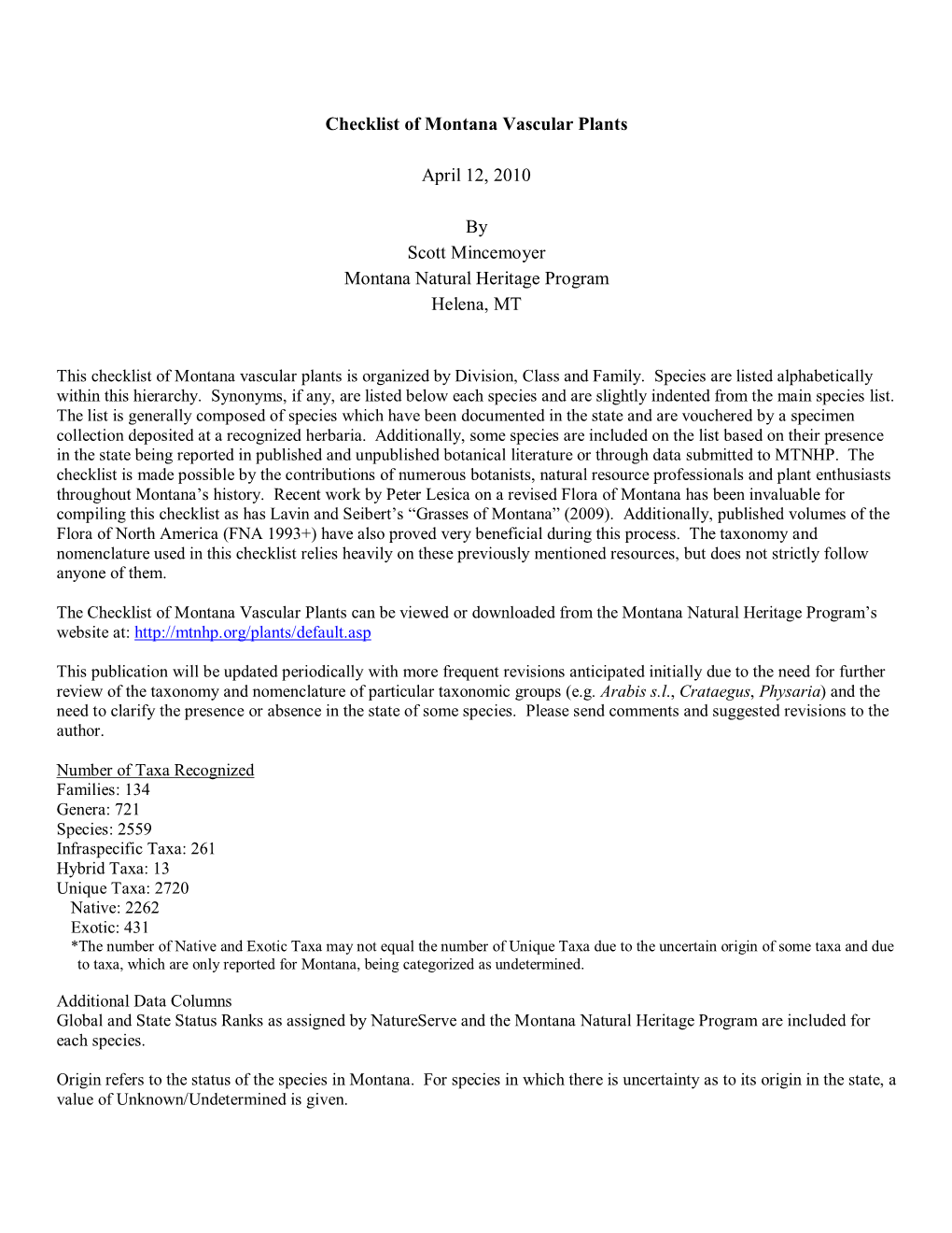 A Checklist of Montana Vascular Plants